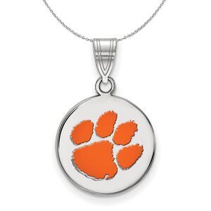 Sterling Silver Clemson U Medium Enamel Disc Necklace - 24 Inch